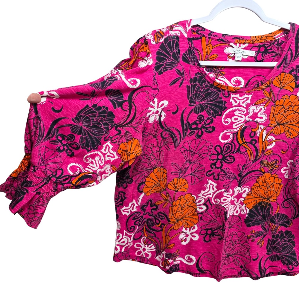 Chicos Pink Floral Smocked Cuff Blouse Top Size 3 XL Mature Colorful Bright